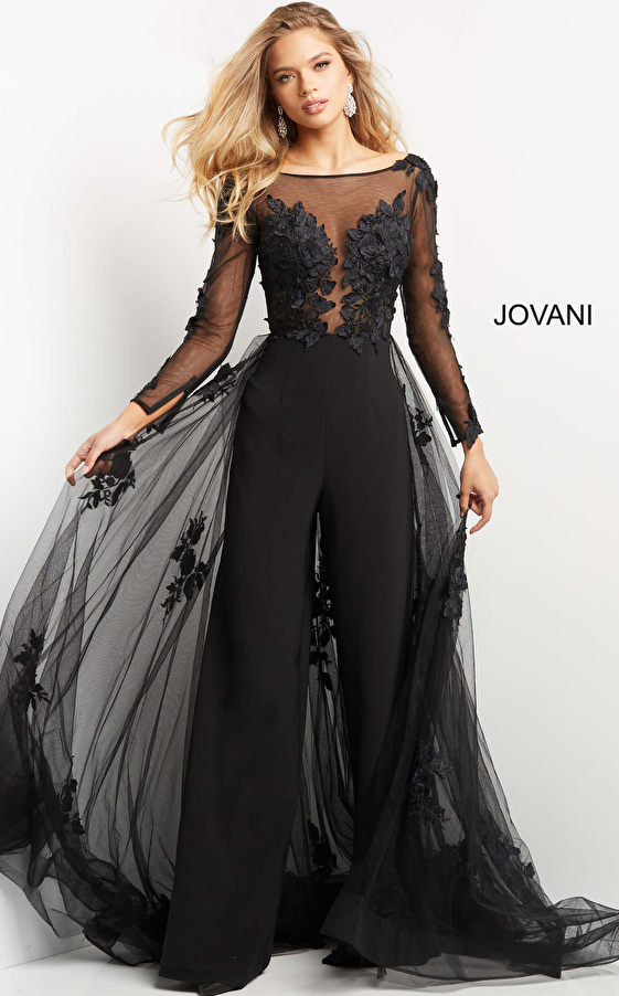 Jovani 06609 Black Lace Bodice Long Sleeve Evening Jumpsuit